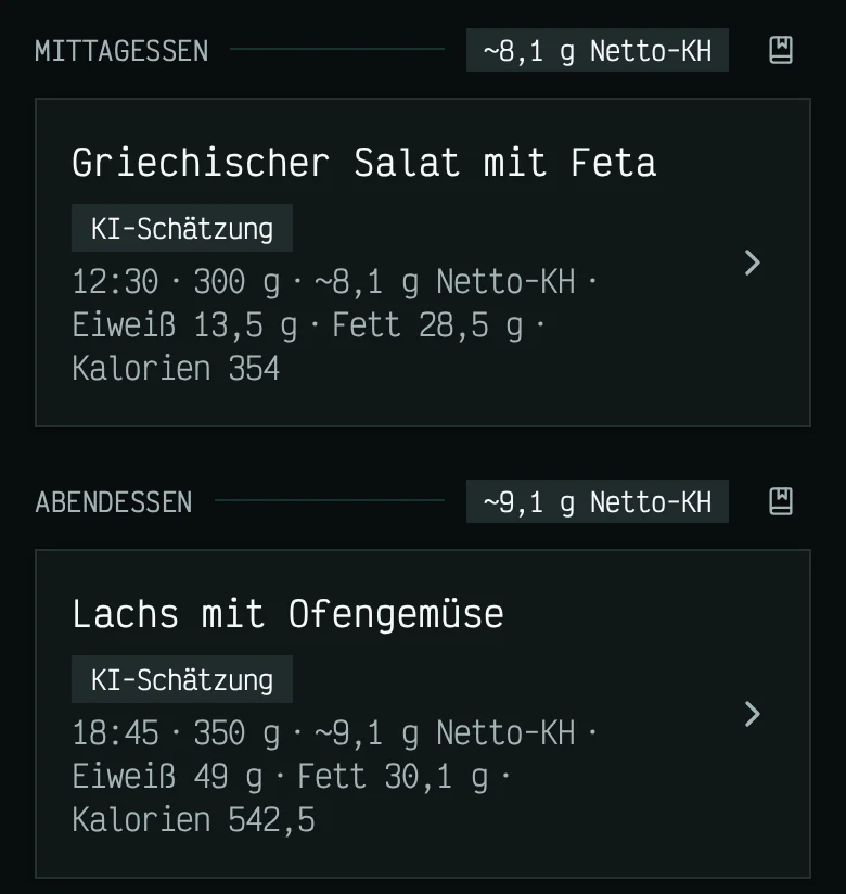 Zwei Tagebucheinträge mit der Kennzeichnung KI-geschätzt: Griechischer Salat mit Feta zum Mittagessen und Lachs mit Röstgemüse zum Abendessen, jeweils mit Gewicht, Netto-Kohlenhydraten, Protein, Fett und Kalorien.