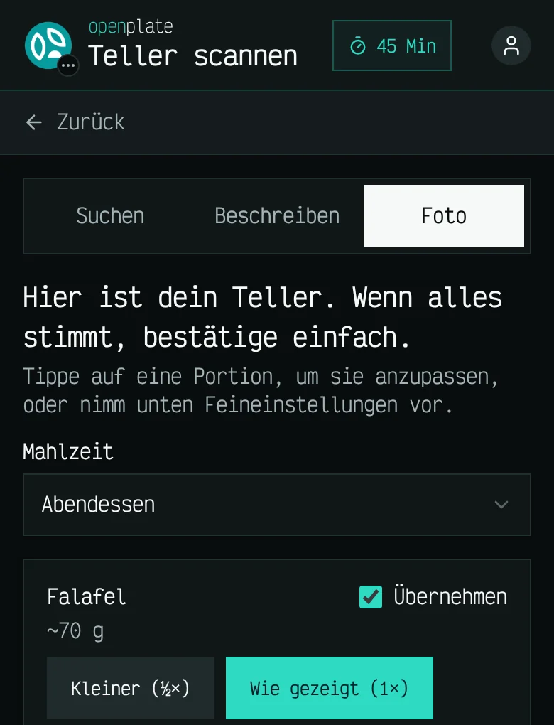 Das Scan-Ergebnis auf einem Smartphone: Die KI hat Falafel erkannt, etwa 70 g, mit Schaltflächen zum Verkleinern der Portion und einer Mahlzeitenauswahl auf Abendessen eingestellt.