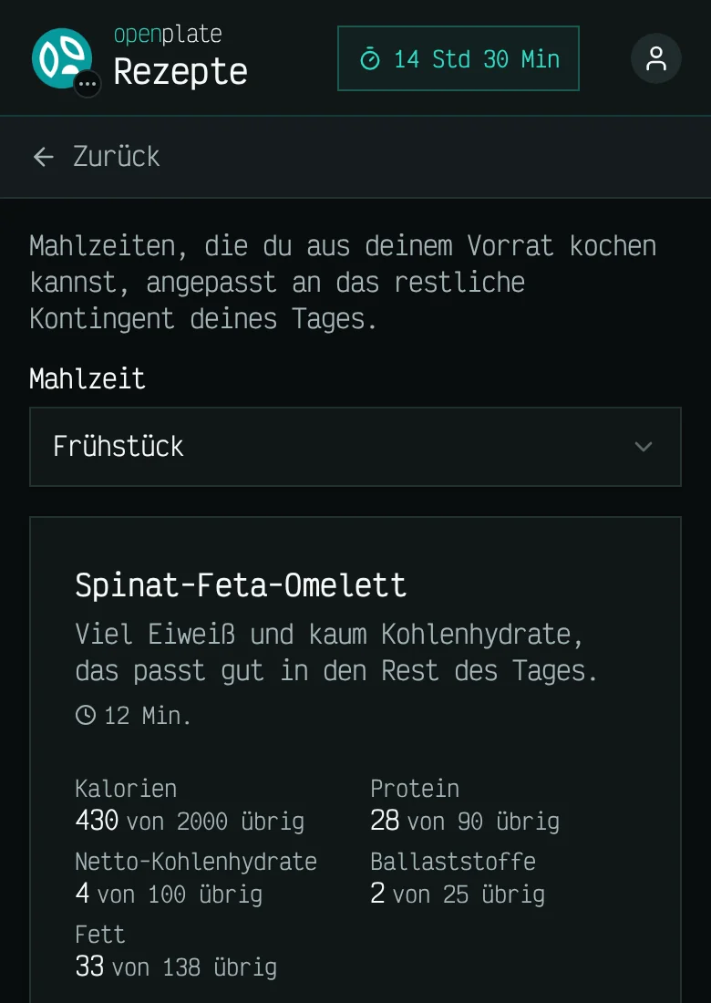 Rezeptideen fürs Frühstück: ein Spinat-Feta-Omelett, proteinreich und fast ohne Kohlenhydrate, 12 Minuten, mit den Kalorien, dem Protein, den Netto-Kohlenhydraten, Ballaststoffen und dem Fett, die danach noch übrig sind.