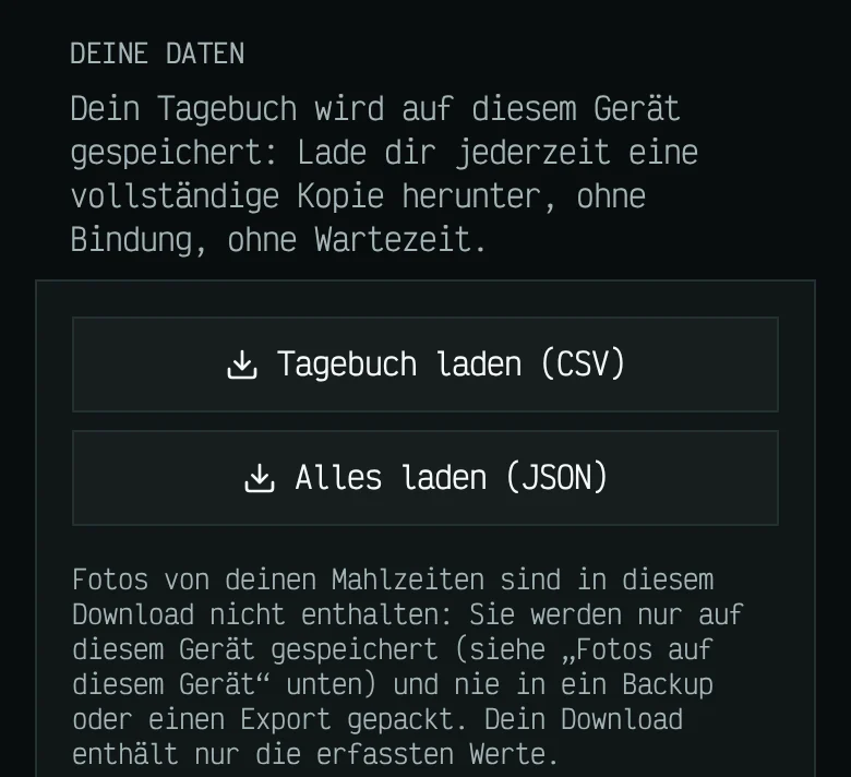 Der Bereich „Deine Daten“: ein Hinweis darauf, dass dein Tagebuch auf diesem Gerät liegt, sowie Schaltflächen, um das Tagebuch als CSV und alle Daten als JSON herunterzuladen.