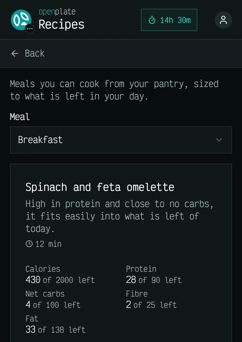Idee di ricette per colazione: un'omelette con spinaci e feta, ricca di proteine e quasi priva di carboidrati, 12 minuti, con le calorie, le proteine, i carboidrati netti, le fibre e i grassi rimanenti.