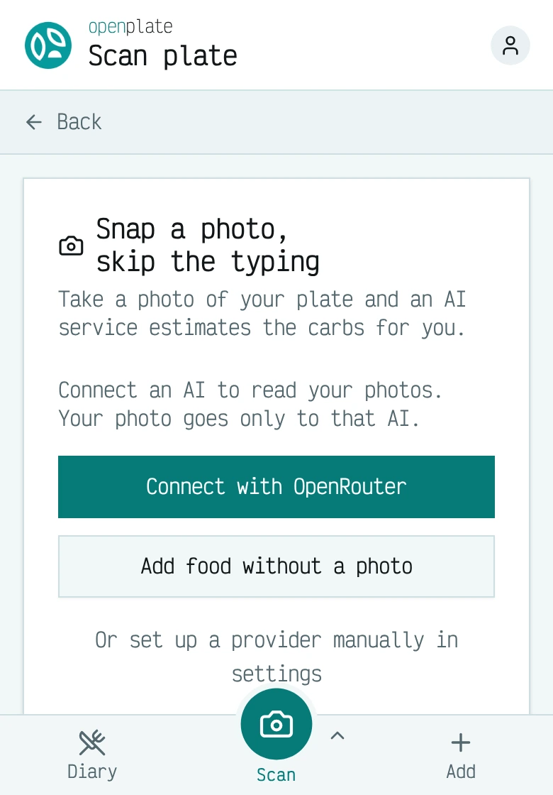 La schermata di scansione, che propone di connettere un provider di IA prima di leggere una foto, oltre a un modo per registrare il cibo senza usarne uno.